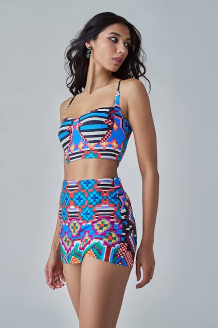 Shop_Saaksha & Kinni_Blue Cotton Sia Ikat Print Skort _at_Aza_Fashions