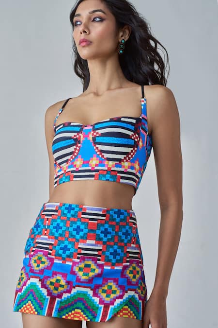 Saaksha & Kinni_Multi Color Satin Bandeau Neck Sia Ikat Print Blouse _Online_at_Aza_Fashions