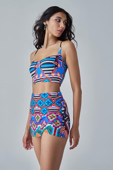 Buy_Saaksha & Kinni_Multi Color Satin Bandeau Neck Sia Ikat Print Blouse _Online_at_Aza_Fashions