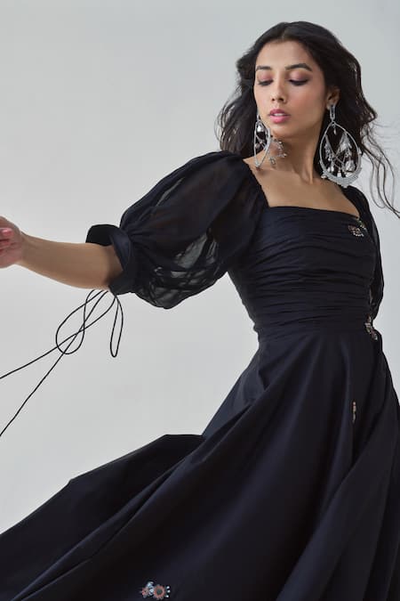 Saaksha & Kinni Black Chiffon, Poplin Embroidery, Mirrors Square Kinni Placement Midi Dress Online at Aza Fashions Saaksha & Kinni_Black Chiffon, Poplin Embroidery, Mirrors Square Kinni Placement Midi Dress _Online_at_Aza_Fashions