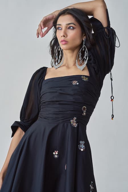 Buy Saaksha & Kinni Black Chiffon, Poplin Embroidery, Mirrors Square Kinni Placement Midi Dress Online at Aza Fashions Buy_Saaksha & Kinni_Black Chiffon, Poplin Embroidery, Mirrors Square Kinni Placement Midi Dress _Online_at_Aza_Fashions