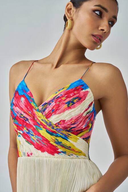 Saaksha & Kinni Ivory Chiffon Mirrors, Embroidery V-neck Chrissy Floral Print Maxi Dress Online at Aza Fashions Saaksha & Kinni_Ivory Chiffon Mirrors, Embroidery V-neck Chrissy Floral Print Maxi Dress _Online_at_Aza_Fashions