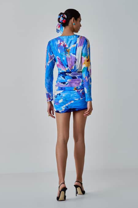 Shop Saaksha & Kinni Blue Chiffon V-neck Lily Ikat Print Hand Pleated Dress at Aza Fashions Shop_Saaksha & Kinni_Blue Chiffon V-neck Lily Ikat Print Hand Pleated Dress _at_Aza_Fashions