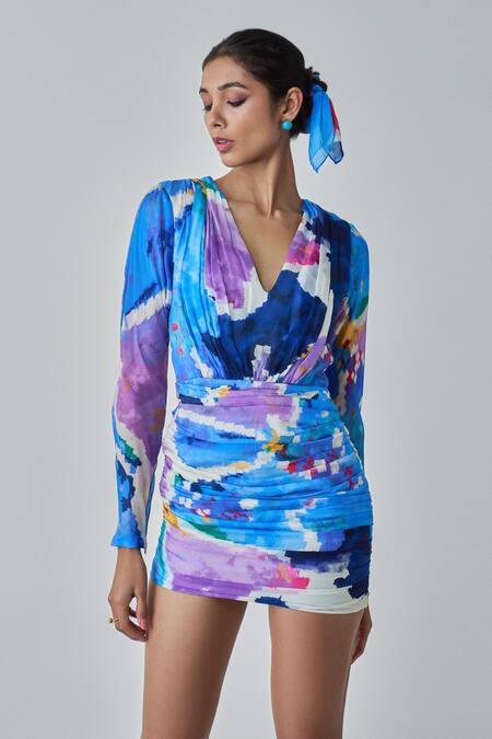 Buy Saaksha & Kinni Blue Chiffon V-neck Lily Ikat Print Hand Pleated Dress Online at Aza Fashions Buy_Saaksha & Kinni_Blue Chiffon V-neck Lily Ikat Print Hand Pleated Dress _Online_at_Aza_Fashions