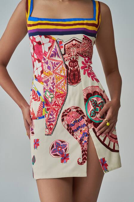 Saaksha & Kinni Multi Color Satin Square Neck Megan Paisley Print Short Dress Online at Aza Fashions Saaksha & Kinni_Multi Color Satin Square Neck Megan Paisley Print Short Dress _Online_at_Aza_Fashions