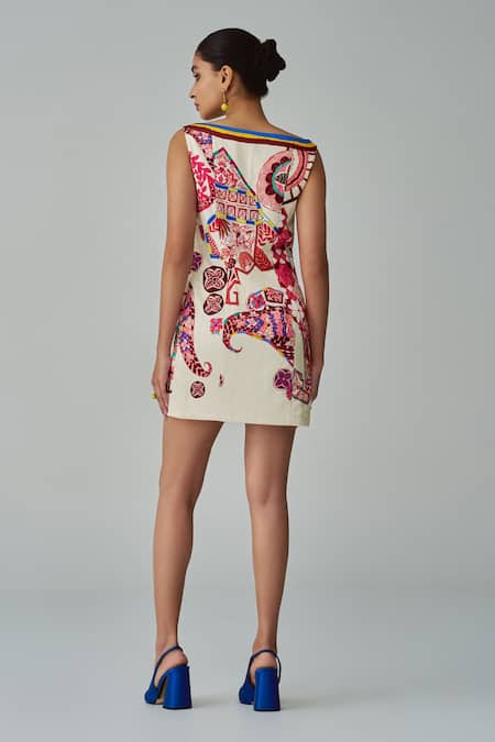 Shop Saaksha & Kinni Multi Color Satin Square Neck Megan Paisley Print Short Dress at Aza Fashions Shop_Saaksha & Kinni_Multi Color Satin Square Neck Megan Paisley Print Short Dress _at_Aza_Fashions