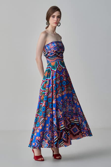 Buy_Saaksha & Kinni_Blue Cotton Off-shoulder Frenchy Ikat Print Maxi Dress_Online_at_Aza_Fashions