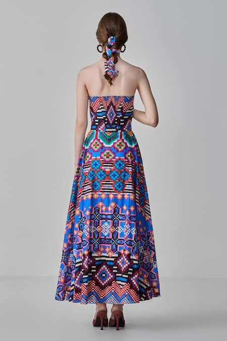 Shop_Saaksha & Kinni_Blue Cotton Off-shoulder Frenchy Ikat Print Maxi Dress_at_Aza_Fashions