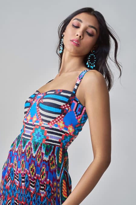 Saaksha & Kinni Blue Chiffon, Satin Sweetheart Neck Nala Ikat Print Maxi Dress Online at Aza Fashions Saaksha & Kinni_Blue Chiffon, Satin Sweetheart Neck Nala Ikat Print Maxi Dress _Online_at_Aza_Fashions