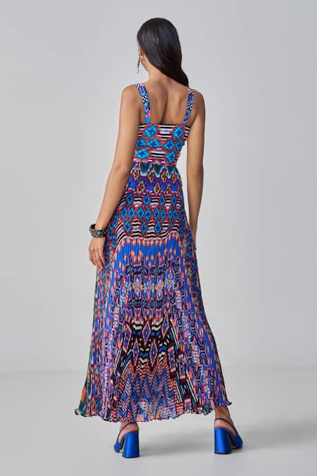 Shop Saaksha & Kinni Blue Chiffon, Satin Sweetheart Neck Nala Ikat Print Maxi Dress at Aza Fashions Shop_Saaksha & Kinni_Blue Chiffon, Satin Sweetheart Neck Nala Ikat Print Maxi Dress _at_Aza_Fashions
