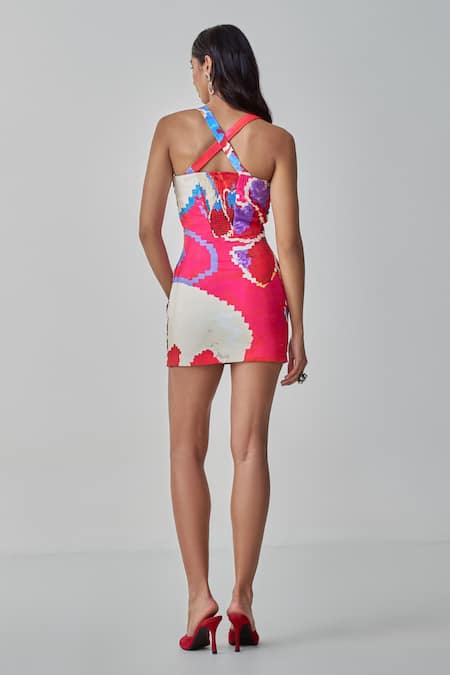 Shop_Saaksha & Kinni_Pink Chiffon Sweetheart Neck Millie Ikat Print Dress _at_Aza_Fashions