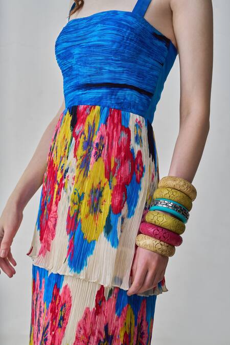 Saaksha & Kinni Multi Color Chiffon Square Neck Missy Layered Floral Print Maxi Dress Online at Aza Fashions Saaksha & Kinni_Multi Color Chiffon Square Neck Missy Layered Floral Print Maxi Dress _Online_at_Aza_Fashions