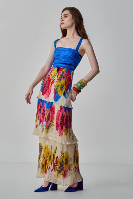 Buy Saaksha & Kinni Multi Color Chiffon Square Neck Missy Layered Floral Print Maxi Dress Online at Aza Fashions Buy_Saaksha & Kinni_Multi Color Chiffon Square Neck Missy Layered Floral Print Maxi Dress _Online_at_Aza_Fashions