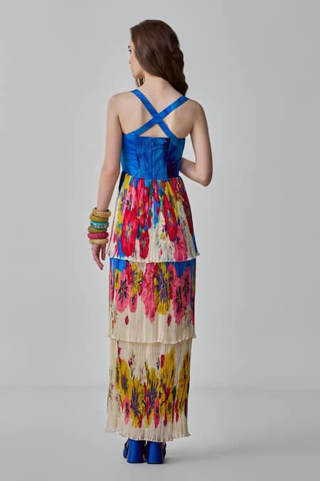 Shop Saaksha & Kinni Multi Color Chiffon Square Neck Missy Layered Floral Print Maxi Dress at Aza Fashions Shop_Saaksha & Kinni_Multi Color Chiffon Square Neck Missy Layered Floral Print Maxi Dress _at_Aza_Fashions