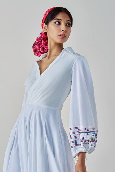 Saaksha & Kinni White Poplin, Cotton Embroidery Collared, Annie Mirror And Thread Midi Dress Online at Aza Fashions Saaksha & Kinni_White Poplin, Cotton Embroidery Collared, Annie Mirror And Thread Midi Dress _Online_at_Aza_Fashions