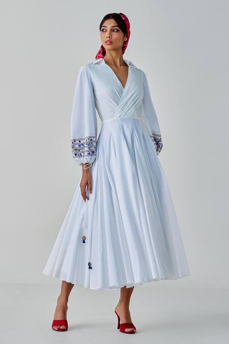 Buy Saaksha & Kinni White Poplin, Cotton Embroidery Collared, Annie Mirror And Thread Midi Dress Online at Aza Fashions Buy_Saaksha & Kinni_White Poplin, Cotton Embroidery Collared, Annie Mirror And Thread Midi Dress _Online_at_Aza_Fashions