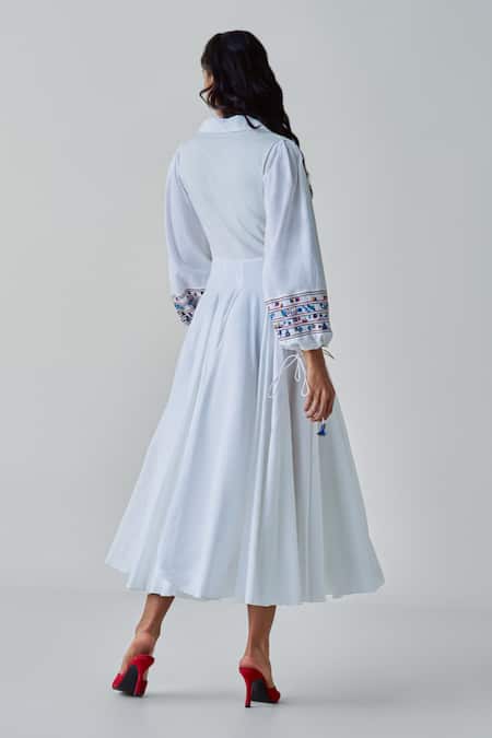 Shop Saaksha & Kinni White Poplin, Cotton Embroidery Collared, Annie Mirror And Thread Midi Dress at Aza Fashions Shop_Saaksha & Kinni_White Poplin, Cotton Embroidery Collared, Annie Mirror And Thread Midi Dress _at_Aza_Fashions