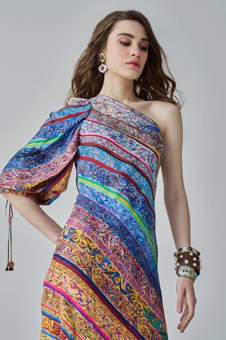 Saaksha & Kinni_Multi Color Silk One Shoulder Alina Printed Maxi Dress_Online_at_Aza_Fashions