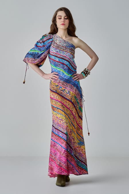 Saaksha & Kinni Multi Color Habutai Printed Abstract One-shoulder Alina Maxi Dress 