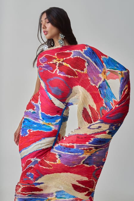 Saaksha & Kinni_Pink Silk Off-shoulder Kathy Ikat Print Dress _Online_at_Aza_Fashions