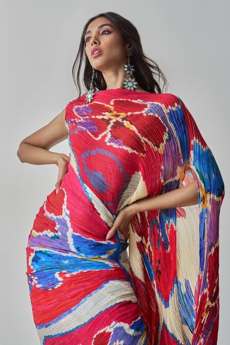 Buy_Saaksha & Kinni_Pink Silk Off-shoulder Kathy Ikat Print Dress _Online_at_Aza_Fashions