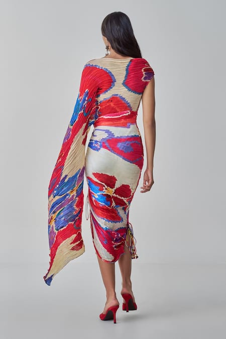 Shop_Saaksha & Kinni_Pink Silk Off-shoulder Kathy Ikat Print Dress _at_Aza_Fashions