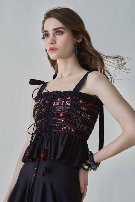 Saaksha & Kinni_Black Poplin Mirrors, Embroidery Square Neck Maya Smocked Peplum Top _Online_at_Aza_Fashions