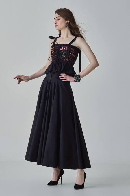 Buy_Saaksha & Kinni_Black Poplin Mirrors, Embroidery Square Neck Maya Smocked Peplum Top _Online_at_Aza_Fashions