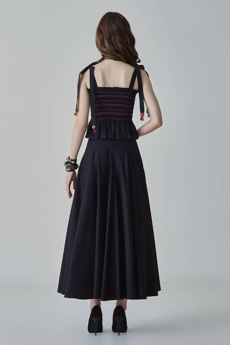 Shop_Saaksha & Kinni_Black Poplin Mirrors, Embroidery Square Neck Maya Smocked Peplum Top _at_Aza_Fashions