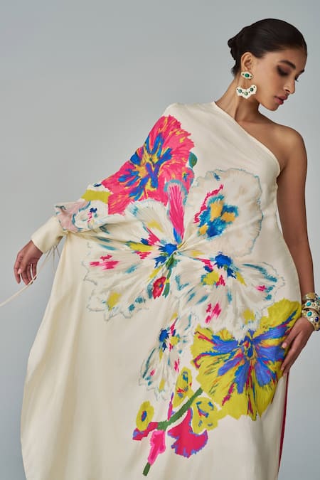 Saaksha & Kinni_Ivory Hemp Embroidery One Shoulder Alana Floral Print Kaftan _Online_at_Aza_Fashions
