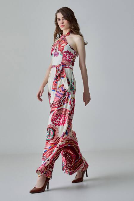 Buy Saaksha & Kinni Ivory Chiffon, Satin Halter Neck Alexa Paisley Print Jumpsuit With Belt Online at Aza Fashions Buy_Saaksha & Kinni_Ivory Chiffon, Satin Halter Neck Alexa Paisley Print Jumpsuit With Belt _Online_at_Aza_Fashions