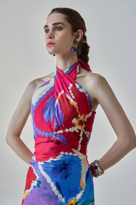 Saaksha & Kinni_Pink Satin Halter Neck Shailee Maxi Column Dress_Online_at_Aza_Fashions