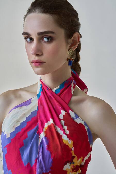 Buy_Saaksha & Kinni_Pink Satin Halter Neck Shailee Maxi Column Dress_Online_at_Aza_Fashions