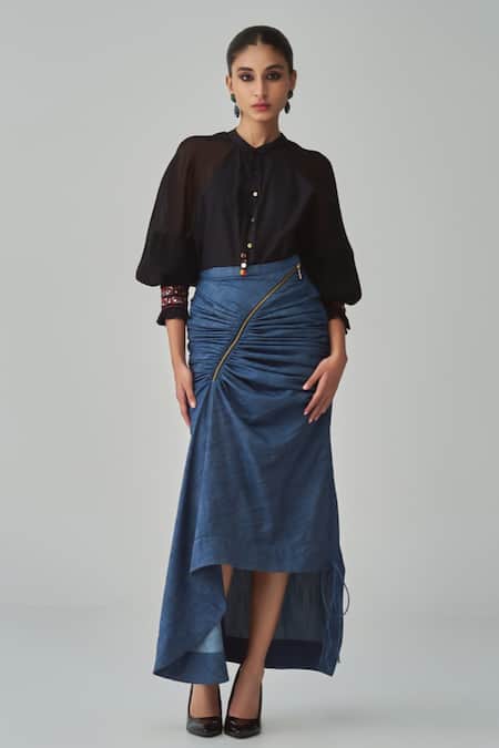 Saaksha & Kinni Blue Denim Kesha Asymmetric Hem Skirt Online at Aza Fashions Saaksha & Kinni_Blue Denim Kesha Asymmetric Hem Skirt _Online_at_Aza_Fashions
