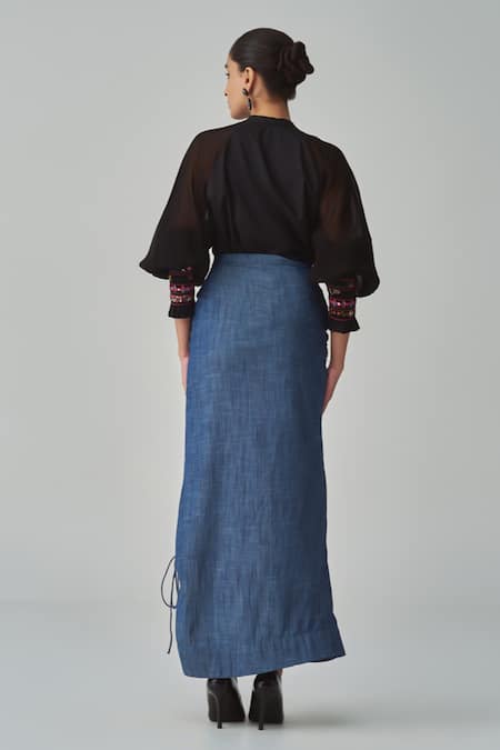 Shop Saaksha & Kinni Blue Denim Kesha Asymmetric Hem Skirt at Aza Fashions Shop_Saaksha & Kinni_Blue Denim Kesha Asymmetric Hem Skirt _at_Aza_Fashions