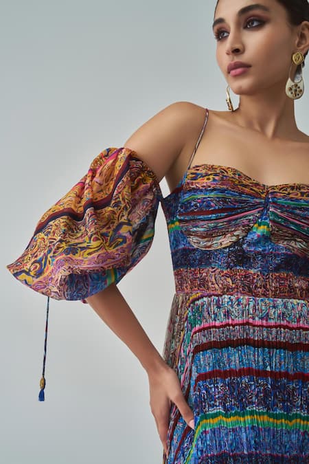 Saaksha & Kinni Multi Color Chiffon Sweetheart Neck Anna Geometric Print Maxi Dress Online at Aza Fashions Saaksha & Kinni_Multi Color Chiffon Sweetheart Neck Anna Geometric Print Maxi Dress _Online_at_Aza_Fashions