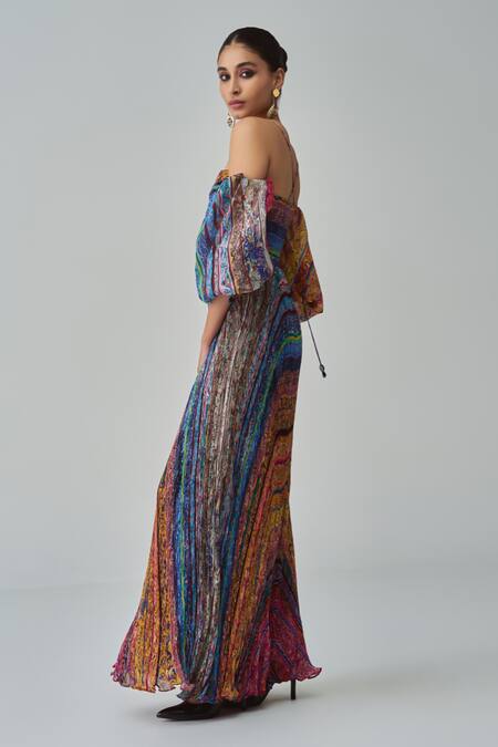Buy Saaksha & Kinni Multi Color Chiffon Sweetheart Neck Anna Geometric Print Maxi Dress Online at Aza Fashions Buy_Saaksha & Kinni_Multi Color Chiffon Sweetheart Neck Anna Geometric Print Maxi Dress _Online_at_Aza_Fashions