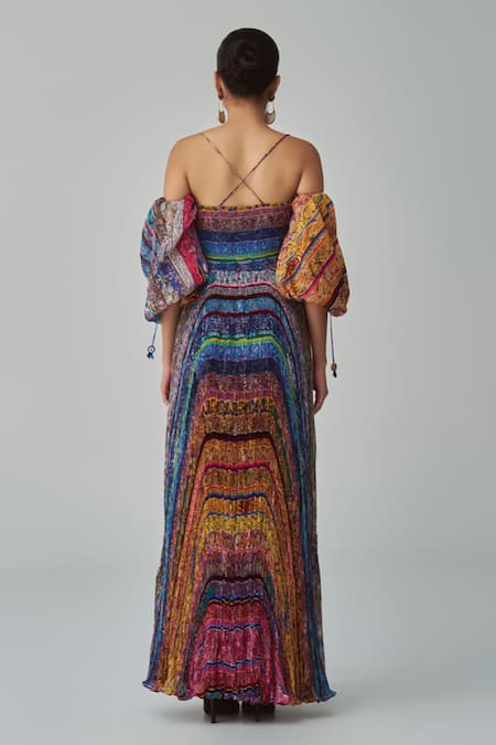 Shop Saaksha & Kinni Multi Color Chiffon Sweetheart Neck Anna Geometric Print Maxi Dress at Aza Fashions Shop_Saaksha & Kinni_Multi Color Chiffon Sweetheart Neck Anna Geometric Print Maxi Dress _at_Aza_Fashions