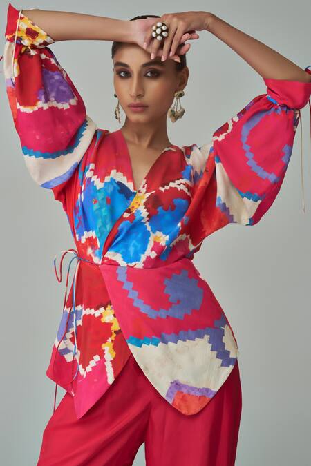 Saaksha & Kinni_Pink Silk Nina Ikat Print Blouse _Online_at_Aza_Fashions