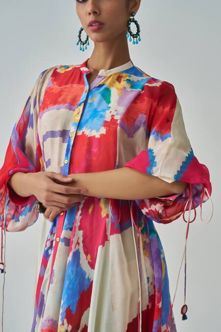 Saaksha & Kinni_Pink Chanderi, Organza Mandarin Collar Sonam Abstract Ikat Print Dress_Online_at_Aza_Fashions