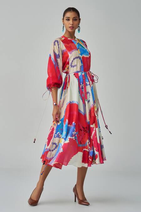 Buy_Saaksha & Kinni_Pink Chanderi, Organza Mandarin Collar Sonam Abstract Ikat Print Dress_Online_at_Aza_Fashions