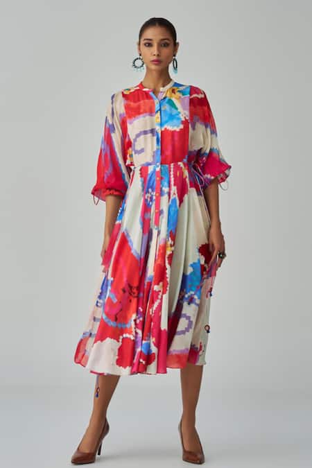 Saaksha & Kinni Pink Organza Sleeves Print Ikat Mandarin Collar Sonam Abstract Dress