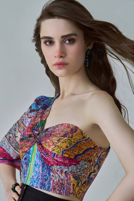 Saaksha & Kinni_Multi Color Chiffon, Satin Rosie Block Print One Shoulder Blouse_Online_at_Aza_Fashions