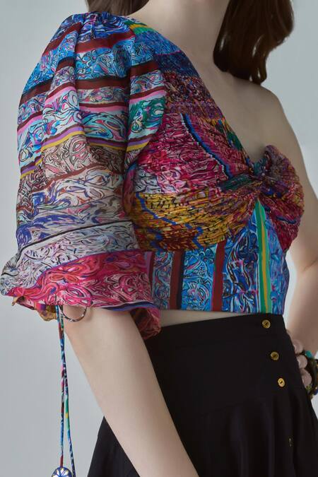 Buy_Saaksha & Kinni_Multi Color Chiffon, Satin Rosie Block Print One Shoulder Blouse_Online_at_Aza_Fashions