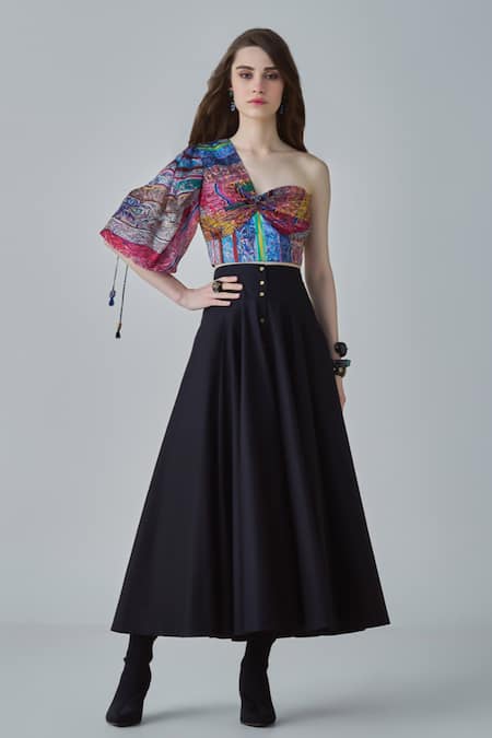 Saaksha & Kinni Multi Color Chiffon Print Abstract Block Asymmetric Rosie One Shoulder Blouse 