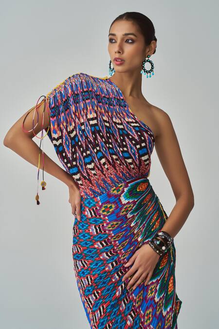 Saaksha & Kinni Blue Cotton, Silk Asymmetric Mira Abstract Ikat Print Dress Online at Aza Fashions Saaksha & Kinni_Blue Cotton, Silk Asymmetric Mira Abstract Ikat Print Dress _Online_at_Aza_Fashions