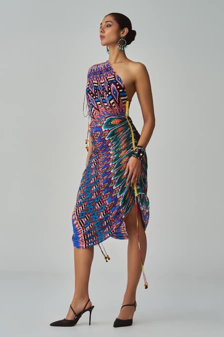 Buy Saaksha & Kinni Blue Cotton, Silk Asymmetric Mira Abstract Ikat Print Dress Online at Aza Fashions Buy_Saaksha & Kinni_Blue Cotton, Silk Asymmetric Mira Abstract Ikat Print Dress _Online_at_Aza_Fashions