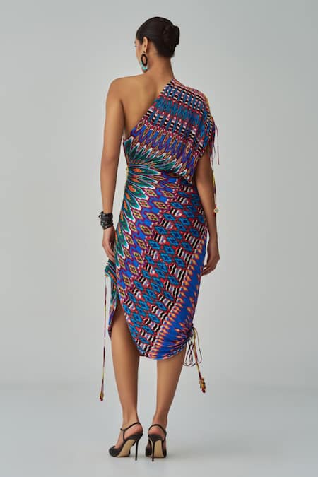 Shop Saaksha & Kinni Blue Cotton, Silk Asymmetric Mira Abstract Ikat Print Dress at Aza Fashions Shop_Saaksha & Kinni_Blue Cotton, Silk Asymmetric Mira Abstract Ikat Print Dress _at_Aza_Fashions