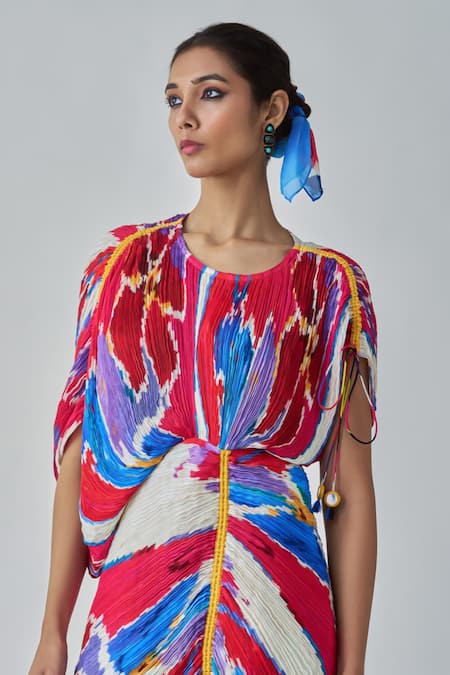 Saaksha & Kinni_Pink Cotton, Silk Tassels Round Neck Zia Abstract Ikat Print Dress_Online_at_Aza_Fashions