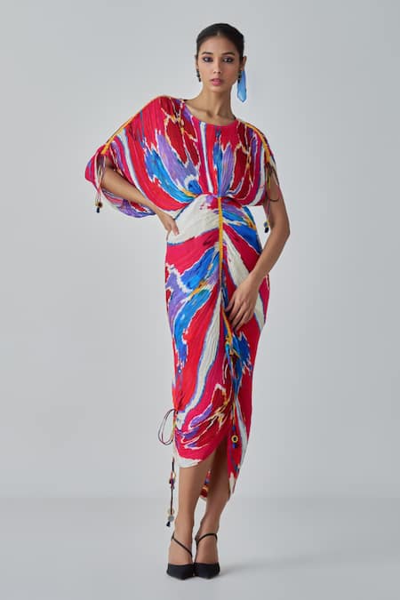 Saaksha & Kinni Pink Cotton Silk Print Ikat Round Neck Zia Abstract Dress